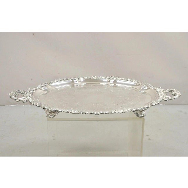 Victorian Antique Victorian English Sheffield Ornate Oval Footed Serving Platter Bar Tray For Sale - Image 3 of 11