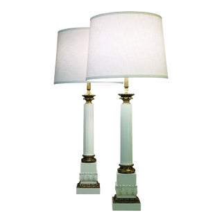 1960s Westwood Neoclassical Hollywood Regency Composite Style Column Brass Table Lamps - a Pair For Sale