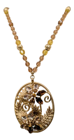 Vintage 1950s Signed Napier Goldtone Faux-Citrine & Topaz Oval Fern Pendant Necklace