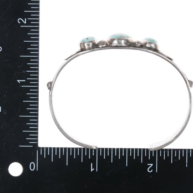 Metal 6 1/8" 1940's Navajo sterling 3 stone turquoise cuff bracelet For Sale - Image 7 of 10
