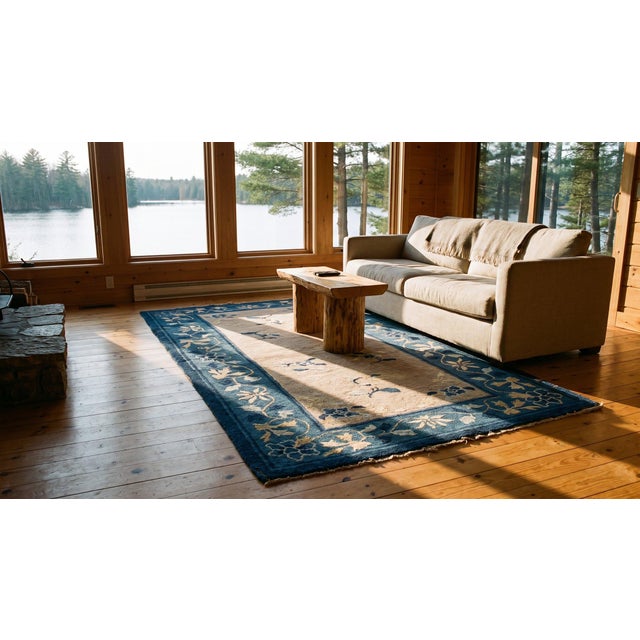 Splendid Beige and Blue Color With Unique Floral Design Antique Chinese Peking Rug For Sale - Image 9 of 9