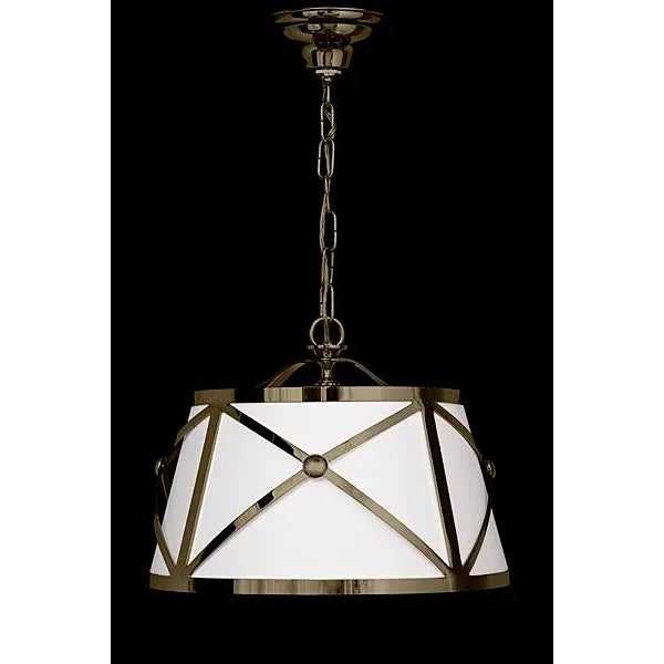 Stealth Nino - Moderne style linen drum shade fixture, crosshatched frame with medallion detail.