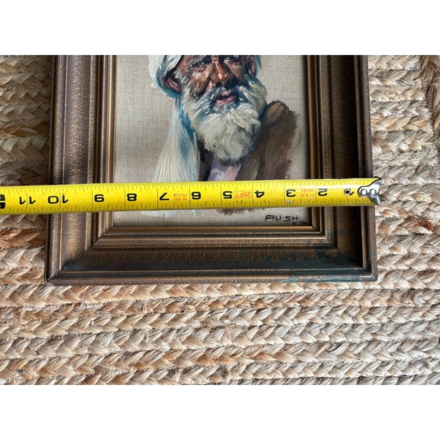 Wood 1974 Oil Portrait Painting of Elderly Man in Turban Signed “Ali•sh” Original Vintage Framed For Sale - Image 7 of 9