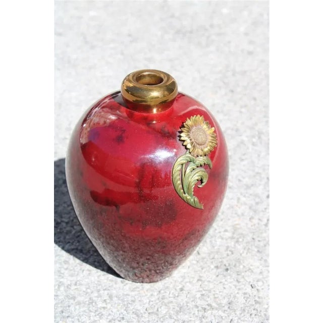 Art Deco Red Ceramic Vase with Gold and Brass, 1930s For Sale - Image 6 of 9