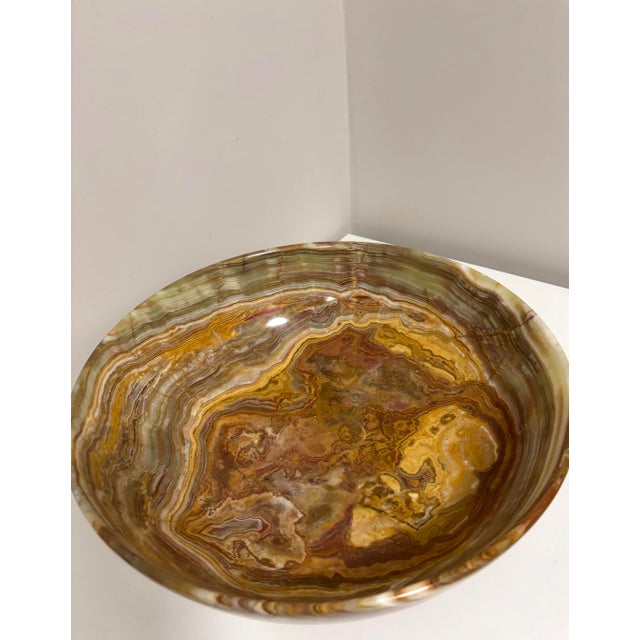 Vintage Afghanistan Banded Calcite Bowl 14” Green & White Onyx Stone Collection MCM For Sale In Houston - Image 6 of 8