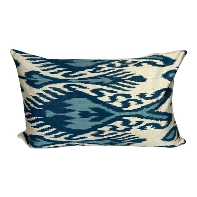 Turkish Modern Blue Silk Ikat Pillow Cover For Sale