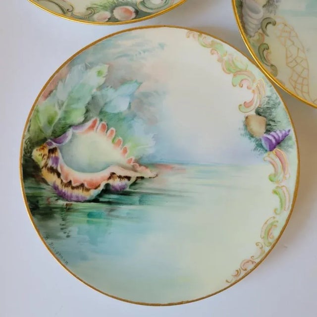Art Nouveau Rare Hand-Painted Bavarian Seashell Dessert Set, Signed Artist Porcelain Plates & Serving Bowl For Sale - Image 3 of 10