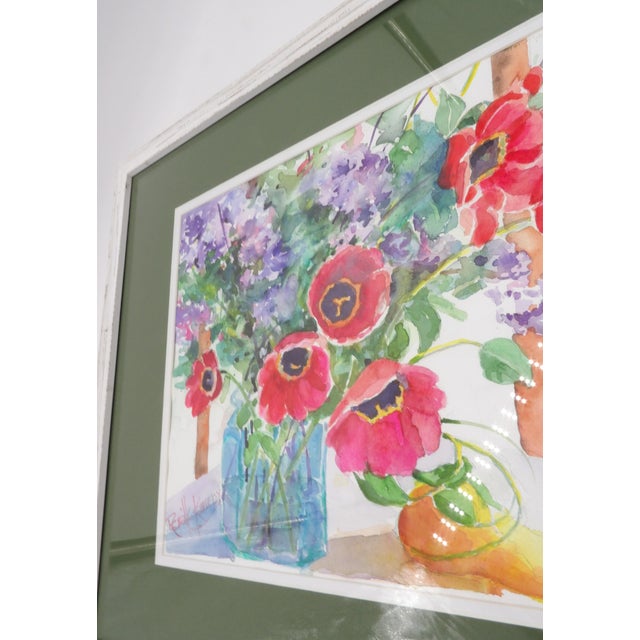 Red 1990s Original Signed Impressionist Floral Watercolor Painting | Red Poppies, Lilacs & Pear Still Life | Signed For Sale - Image 8 of 11