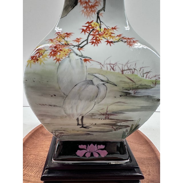 Tall Ming Village Four-Sided Hand-Painted Chinese Porcelain Crane & Blossom Vase, 21" For Sale - Image 10 of 18