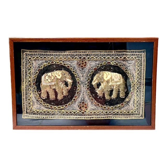 Vintage Framed Hand-Embroidered Elephant Kalaga For Sale