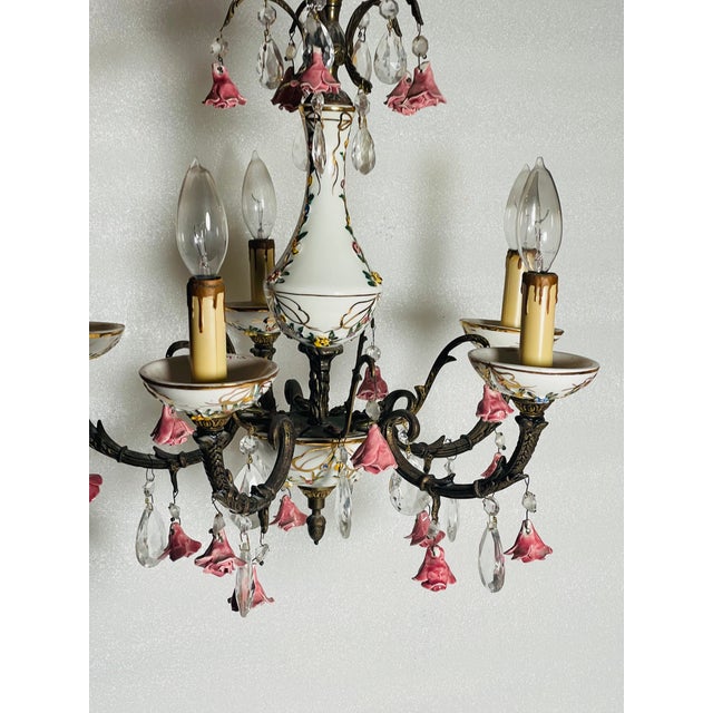 1900 - 1909 Gorgeous Antique Capodimonte Chandelier With Porcelain Flowers and Crystals For Sale - Image 5 of 6