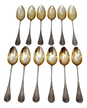 Guilloche Gold-Plated Silver Coffee Spoons with Monogram Cards, Set of 12