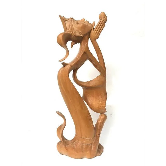Mid-Century Modern Vintage Modernist Figural Tropical Wood Carving Woman Prayer Offering Bali Circa.1950 For Sale - Image 3 of 10
