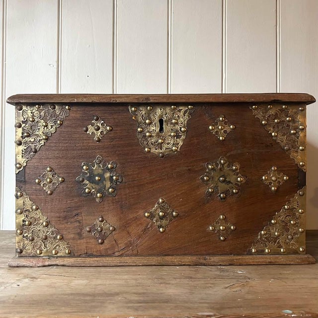Antique Colonial Dutch Teak Chest with Applied Brass and Studded Decoration, 1700s For Sale - Image 9 of 9