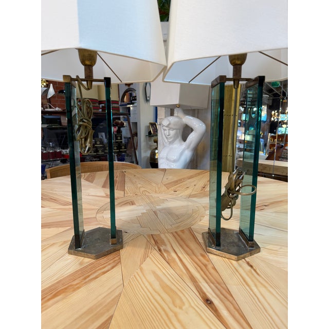 1970s Fontana Arte Style Brass and Blue Glass Table Lamps - a Pair For Sale - Image 10 of 10