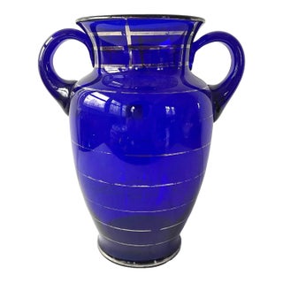 Antique Cobalt Blue Glass and Painted Silver Urn Vase For Sale