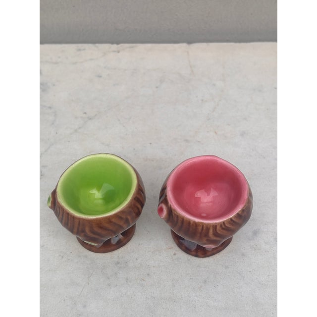 Mid-Century Pair of French Majolica Egg Cup Ferlay Vallauris. Trompe l 'oeil wood.