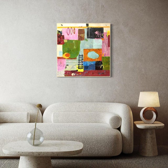 Christiane Corcelle "Ladders to Home" Mixed Media on Canvas, Colorful Geometric Abstract Painting in Pink, Green and Orange, 2025 For Sale In Boston - Image 6 of 6
