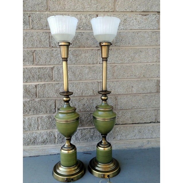Vintage Rembrandt Brass Green Enamel Hollywood Regency Table Lamps With Diffuser A Pair Chairish