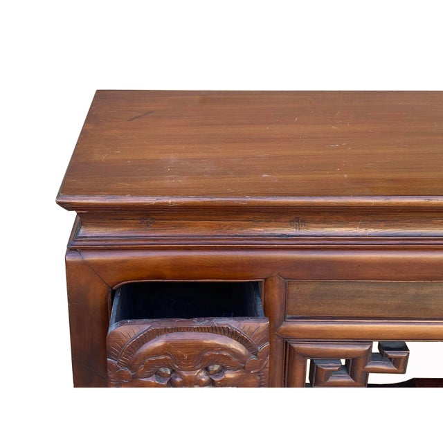 Brown Chinese Vintage Wood Foo Dog Scroll Motif Tall Console Altar Table For Sale - Image 8 of 11