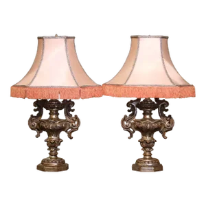 Pair of Mid-Century Italian Carved Silvered Urn-Shaped Table Lamps With Shades