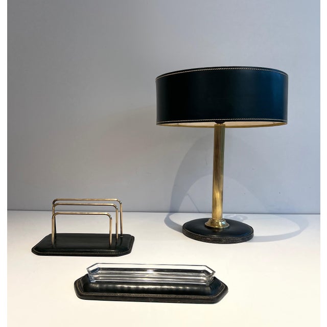 1950 Cellar Quilted Leather Desk Set. French Works in the Style of Jacques Adnet - Set of 3 For Sale - Image 6 of 12