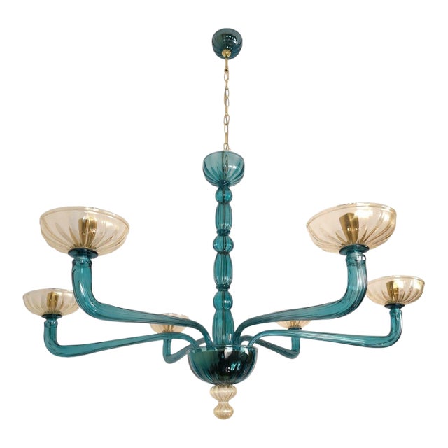 1980s Petrol Blue Murano Glass Chandelier For Sale