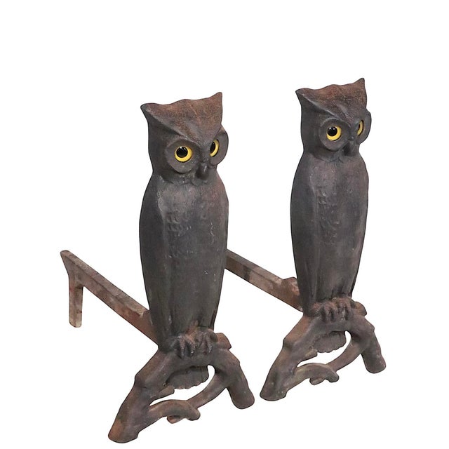 Late 19th Century Large Pair of Vintage Arts and Crafts Rustic Victorian Owl Andirons With Glass Eyes For Sale - Image 5 of 14