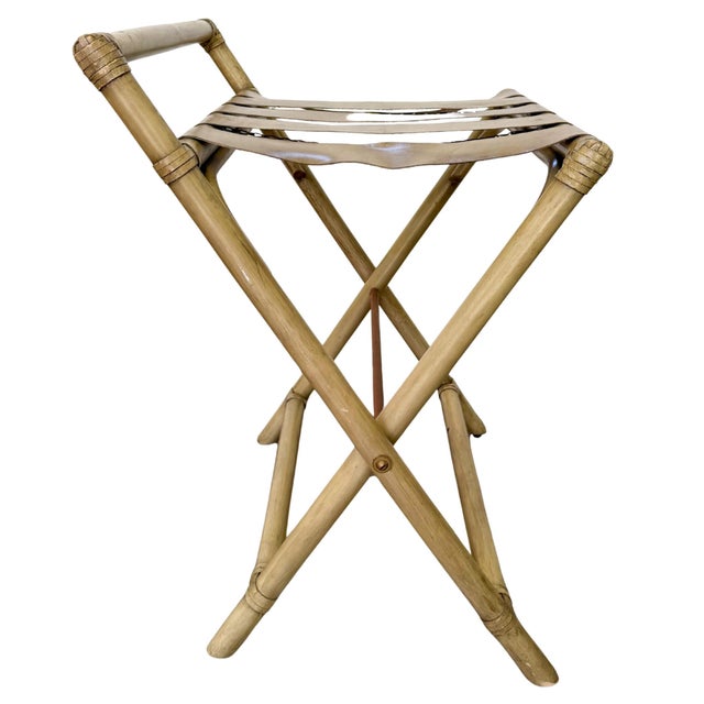 Textile Vintage Mid-Century Faux Bamboo & Faux Leather Folding Luggage Rack For Sale - Image 7 of 13