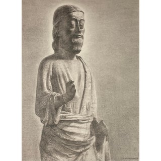 1947 Charcoal Study on Paper of French Religious Statue by Ej Hartmann, Signed For Sale