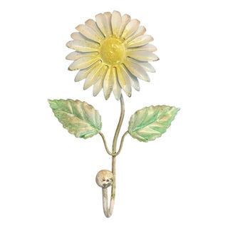 Vintage Italian White Tole Daisy Flower Hook Rack / Toleware Floral Wall / Coat / Robe Hook For Sale