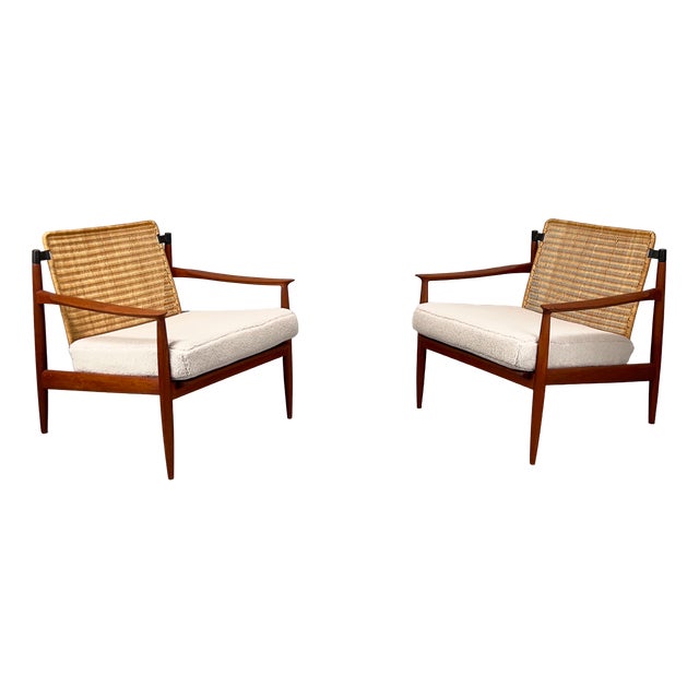 Set of Teak Armchairs with Rattan Backrests & Bouclé Covers by Carl Straub / Goldfeder, Germany 1960s For Sale