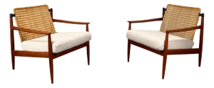 Set of Teak Armchairs with Rattan Backrests & Bouclé Covers by Carl Straub / Goldfeder, Germany 1960s