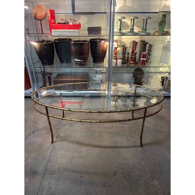 Mid 20th Century Vintage Hollywood Regency Style Faux Bamboo and Glass Top Coffee Table For Sale - Image 5 of 12