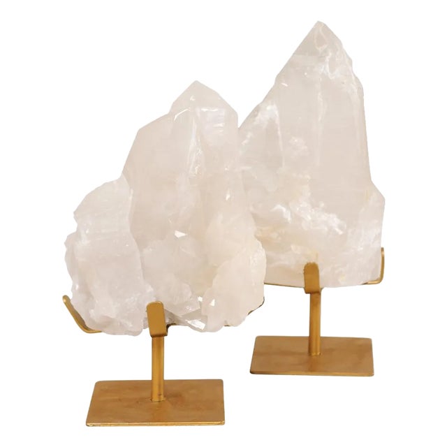 Pair of Quartz Crystals on Golden Stands For Sale