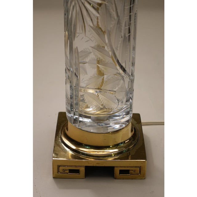 1960s Matched Pair Large Dresden Hollywood Regency Cut Crystal Glass Brass Column Table Lamps - a Pair For Sale - Image 9 of 15