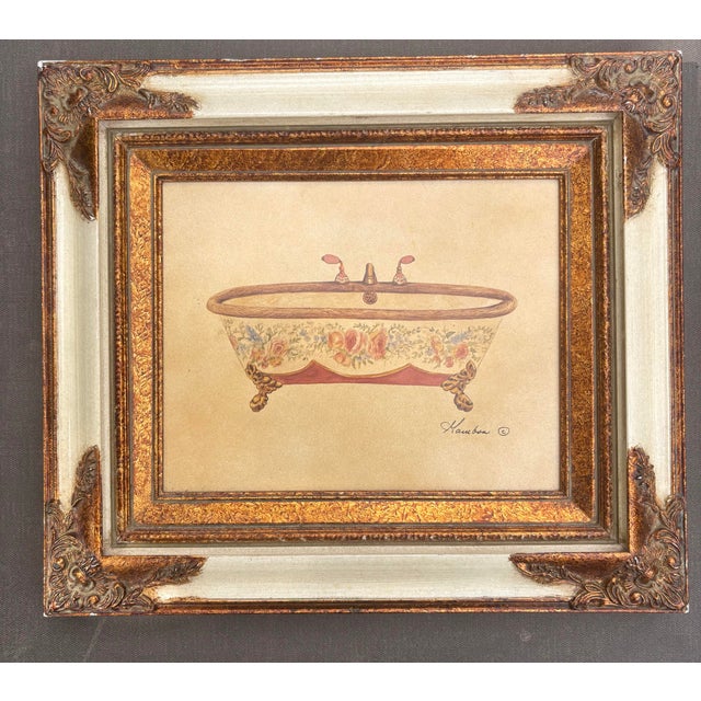 Shabby Chic Pair of Vintage Consuelo Gamboa Bath Display Framed Canvas Prints in Ornate Antiqued Gold Frames| French Country Bathroom Wall Art For Sale - Image 3 of 12