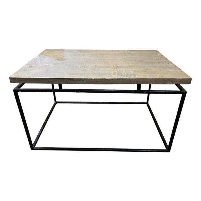 Industrial Wood Top Coffee Table With Black Metal Frame For Sale