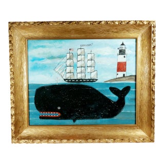 Melinda Kirkpatrick Folk Art Painting of a Whale and Ship, “Whale at Harbor” For Sale