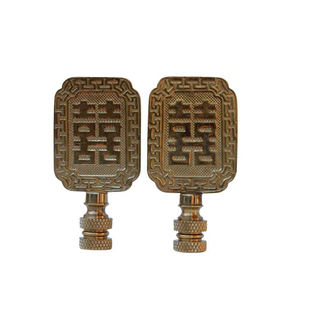 Double Happiness Brass Lamp Finials - a Pair For Sale - Image 4 of 4