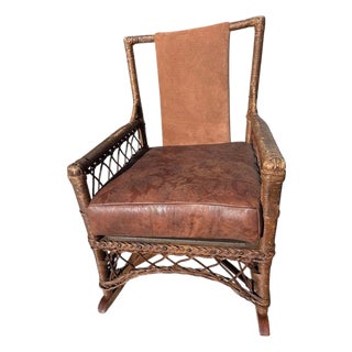 1930s Bar Harbor Wicker Rocking Chair W/ Leather Seat Cushion and Backing For Sale