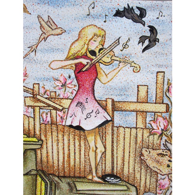 The artwork depicts a whimsical scene featuring a violin player standing atop a stack of discarded objects, surrounded by...