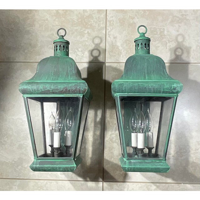 Brass Pair of Vintage Colonial Solid Brass Wall Lanterns. 20”h X 8”.5w X 12”d For Sale - Image 8 of 18