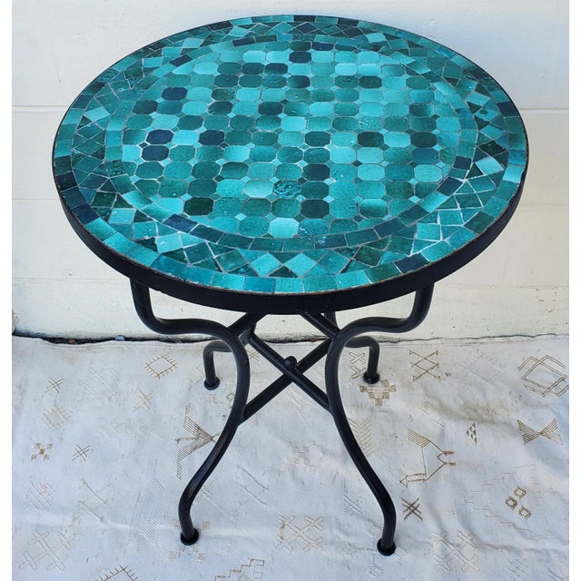 Metal 24" Emerald Aqua Moroccan Mosaic Table - Cr4 For Sale - Image 7 of 7