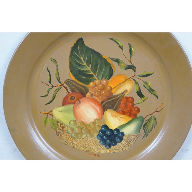 Mid 20th Century Helen McRae Round Hand Painted Fruit Basket Toleware Tray Charger For Sale - Image 4 of 11