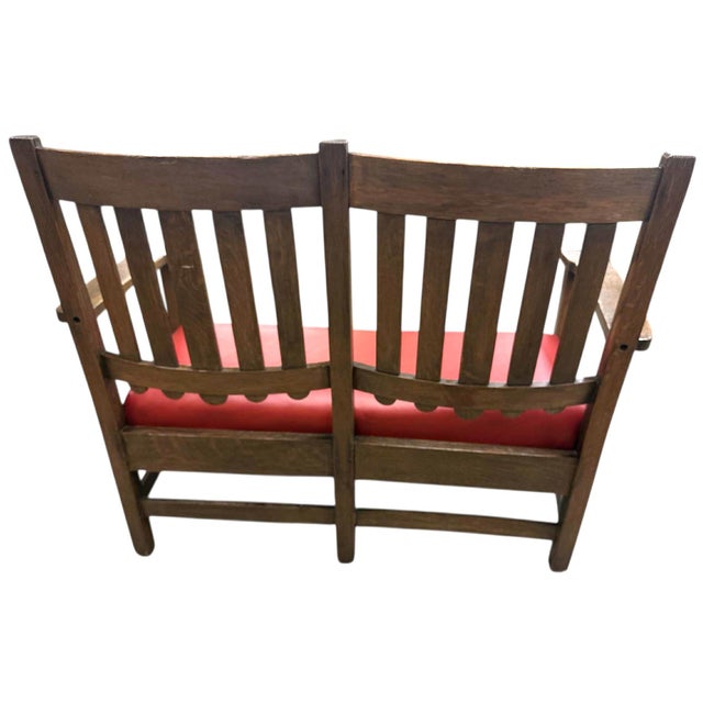 Stickley Brothers Stickley Brothers Grand Rapids Antique Settle Model #3887 - Quarter Sawn Oak and New Red Leather Seat - Circa 1910 For Sale - Image 4 of 7