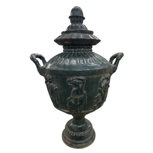 2000 - 2009 Vintage Cast Iron Urns With Classical Figural Reliefs For Sale - Image 5 of 12