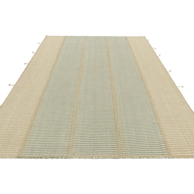 2010s Rug & Kilim’s Contemporary Kilim in Beige, White and Blue Textural Stripes For Sale - Image 5 of 7