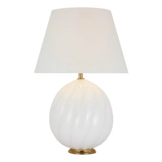 Julie Neill by Visual Comfort Signature Talia Medium Cordless Table Lamp in White Glass with Linen Shade For Sale