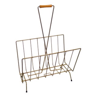 Mid-Century Modern Magazine Rack in Gilt Metal and Wooden Handle, 1950s For Sale